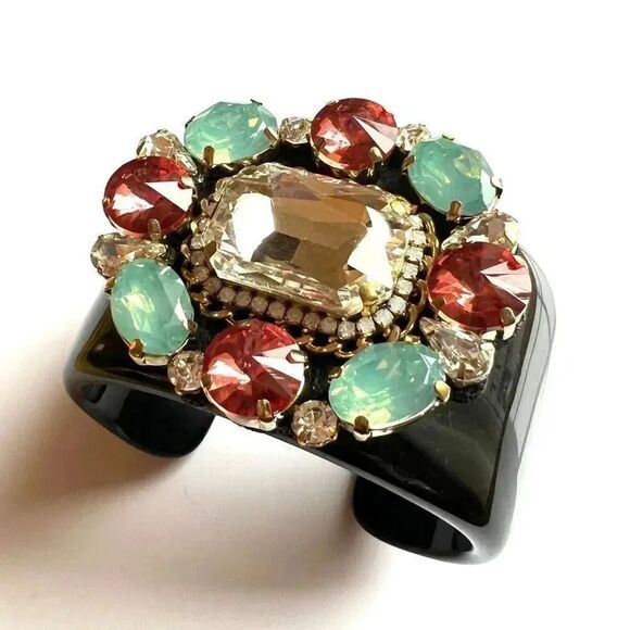 Black Acrylic/Metal Cuff Bracelet Encrusted with Colorful Rhinestones UNIQUE - Picture 3 of 4